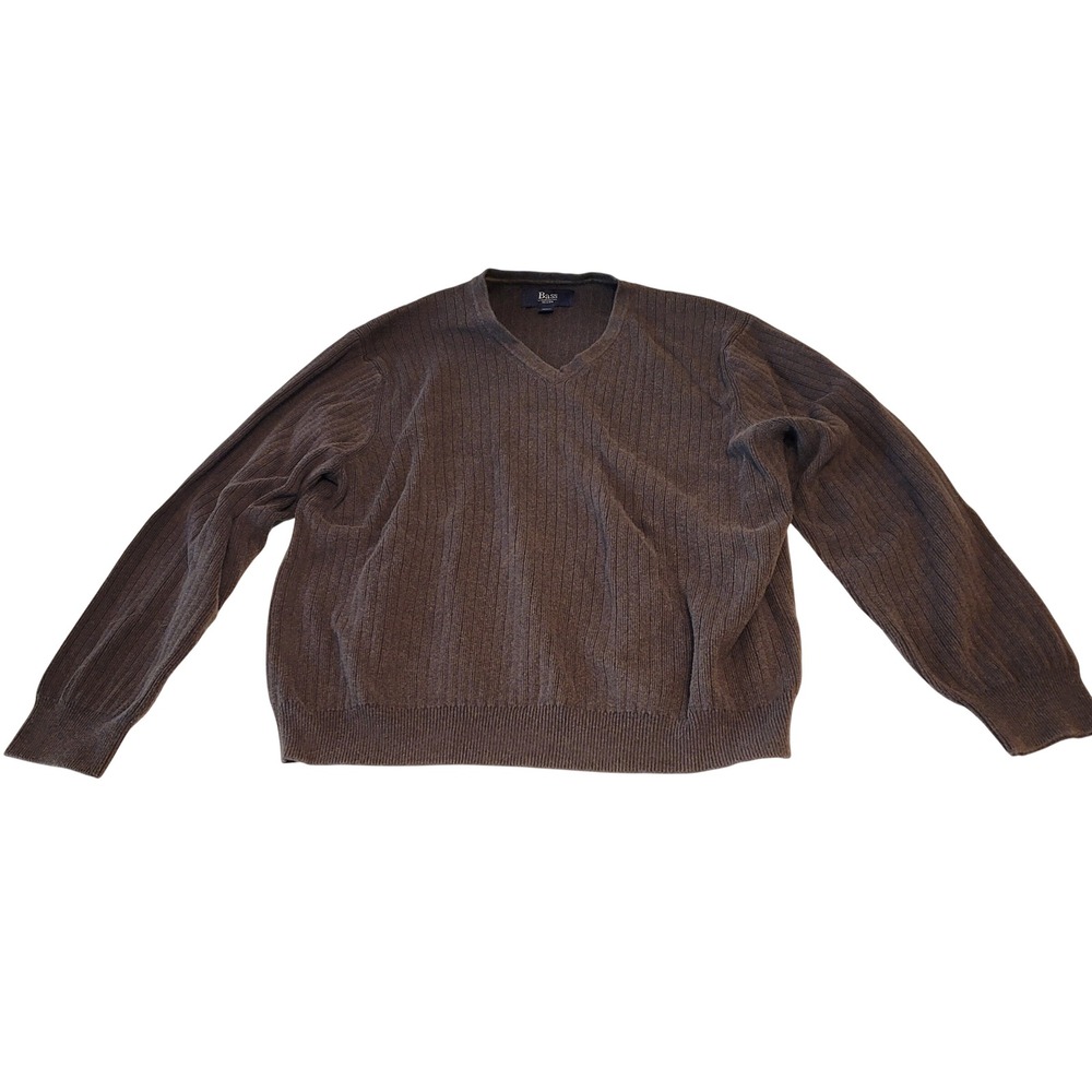 G.H. Bass V-Neck Sweater Mens Large Brown Ribbed Knit 100% Cotton Classic